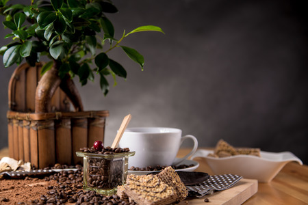 Natural traditional coffee on wooden tableの写真素材