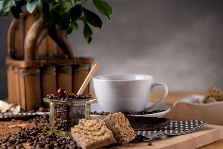 Natural traditional coffee on wooden tableの写真素材