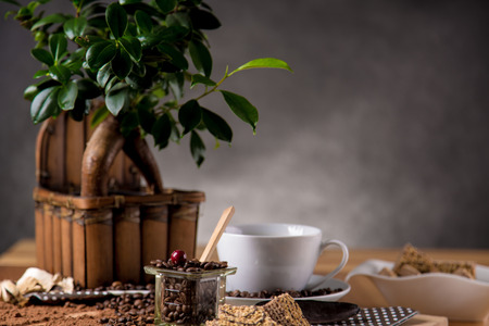 Natural traditional coffee on wooden tableの写真素材