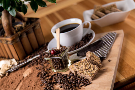 Natural traditional coffee on wooden tableの写真素材