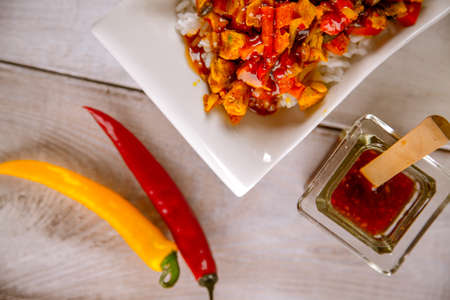 Chicken rice natural food, dinner in homeの写真素材