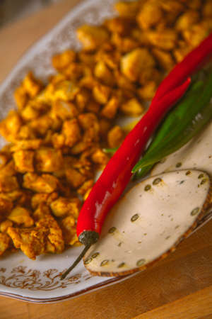 Home-made food with rice and chicken