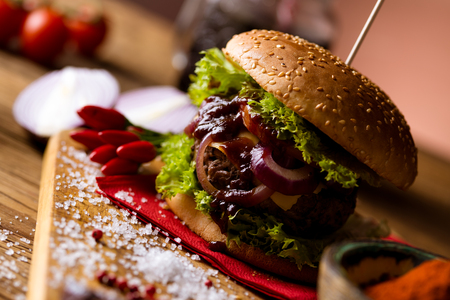 Fresh, tasty, traditional burgers, BBQ timeの写真素材