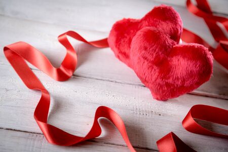 Valentines concept background, composition with red heartsの写真素材