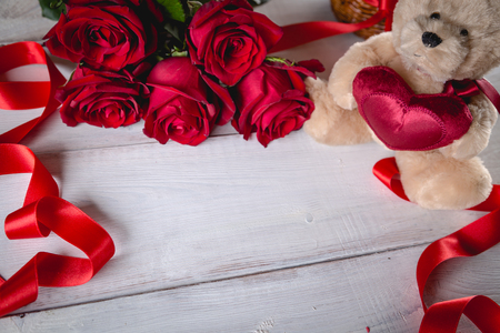 Cute valentines concept with teddy bear  on bright backgroundの写真素材