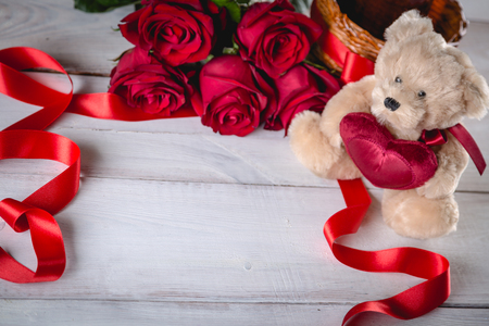 Cute valentines concept with teddy bear  on bright backgroundの写真素材