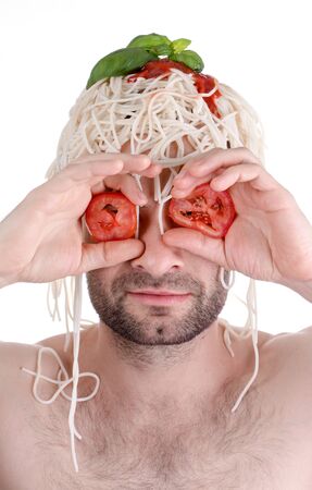 Funny man with spaghetti on head, white backgroundの写真素材