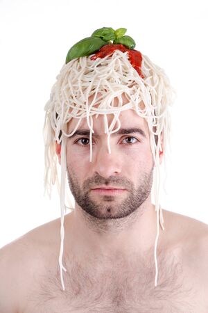 Funny man with spaghetti on head, white backgroundの写真素材