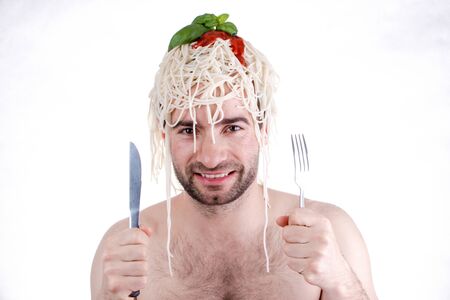 Funny man with spaghetti on head, white backgroundの写真素材