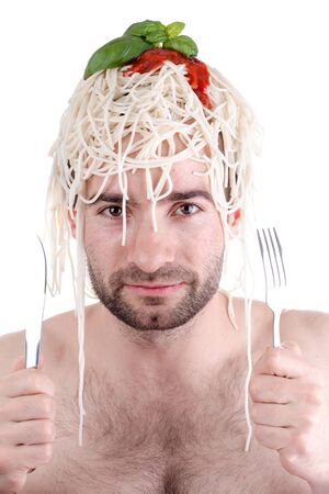 Funny man with spaghetti on head, white backgroundの写真素材
