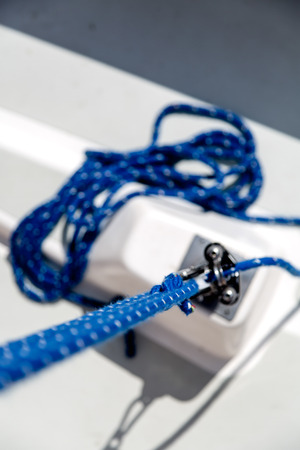 Sailing equipment on white sail boatの写真素材