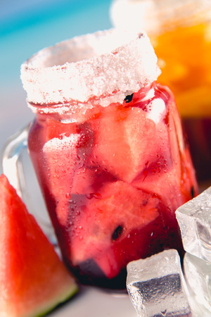 Exotic drinks with fruits in jarの写真素材