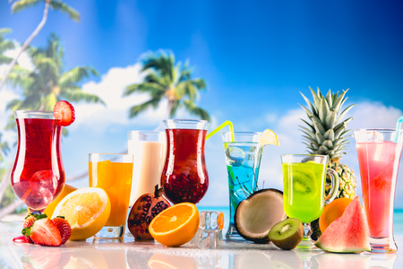 Set of colorful drinks in exotic sceneryの写真素材
