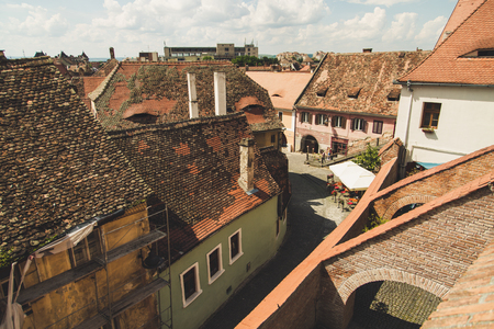 Old red roofs of wonderful town Sibiu in Transylvania, Romaniaの写真素材