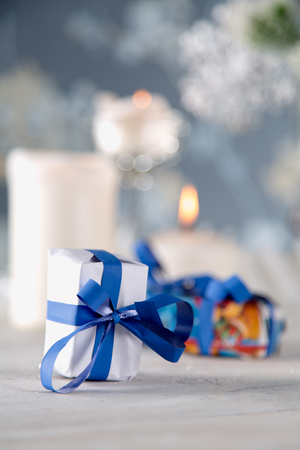 Bright Christmas background with decorationsの写真素材