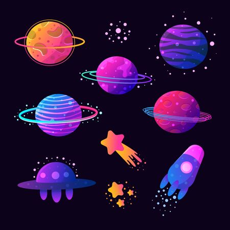 Cartoon space war concept. Alien planets, UFOs, rockets and missiles objects in the kit. Fantasy cosmic items for mobile game or web design. Vector GUI elements on space background.のイラスト素材