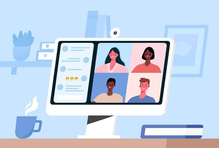 Videoconference with colleagues. Corporate video call, distant discussion, web chatting, online meeting. Remote work. Work from home. Concept of teamwork during quarantine. Flat vector illustrationのイラスト素材