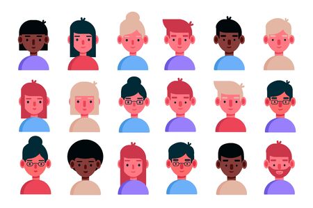 Avatar set isolated on white background. Diverse faces, happy expressions. Cute and simple flat cartoon style.のイラスト素材