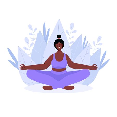 Woman meditating in yoga lotus pose . Concept illustration for yoga, meditation, relax, recreation, healthy lifestyle. Woman activities. Vector illustration in flat cartoon style.のイラスト素材