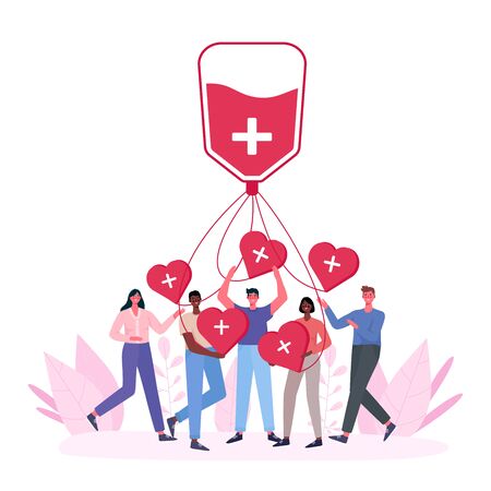 Volunteers woman and man donating blood. Blood donor charity. World Blood Donor Day, Health Care.People are holding hearts. For banner, poster, card, web, landing page.Flat cartoon vector illustrationのイラスト素材