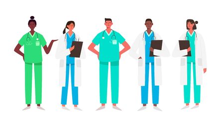 Set of doctors characters. Medical team concept in vector illustration design. Medical staff doctor nurse therapist surgeon professional hospital workers, group of medics.のイラスト素材