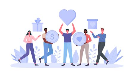 Concept of charity and donation. People give and share love, money, boxes with clothing, food, medicines,products to poor, homeless and elder persons. Philanthropy flat cartoon vector illustration.のイラスト素材
