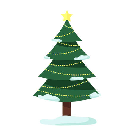 Decorated christmas tree with snow, lights, decoration balls and lamps. Merry Christmas and a happy new year. Vector illustration in flat and cartoon styleのイラスト素材