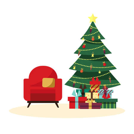 Christmas room interior. Christmas tree and decoration. Gifts and lights. Isolated vector illustration. Flat style.のイラスト素材