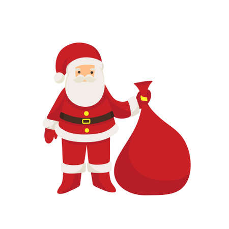 Christmas card. Funny cartoon Santa Claus with huge red bag with presents isolated on white background. Red santa hat. For Christmas and New Year posters, gift tags and labelsのイラスト素材