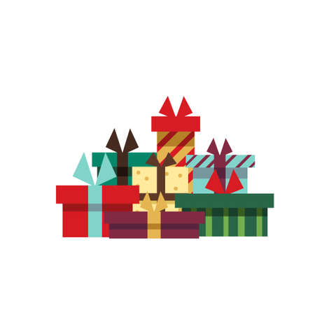 Big pile of colorful wrapped gift boxes. Mountain gifts. Beautiful present box with overwhelming bow. Gift box icon. Gift symbol. Christmas gift box. Isolated vector illustration. Flat style.のイラスト素材