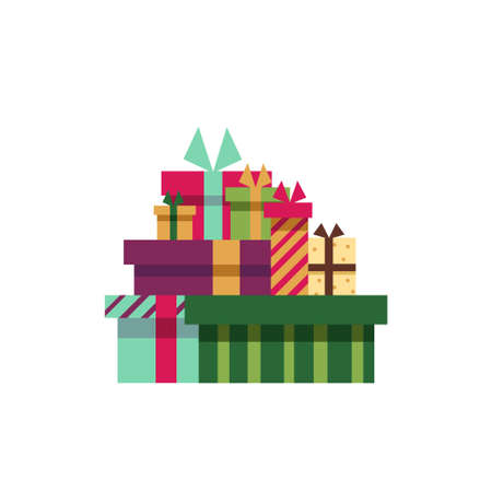 Big pile of colorful wrapped gift boxes. Mountain gifts. Beautiful present box with overwhelming bow. Gift box icon. Gift symbol. Christmas gift box. Isolated vector illustration. Flat style.のイラスト素材
