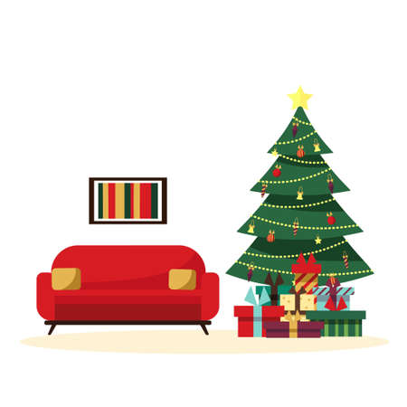 Christmas room interior. Christmas tree and decoration. Gifts and lights. Isolated vector illustration. Flat style.のイラスト素材