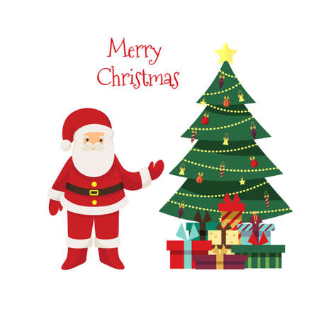 Christmas card. Funny cartoon Santa Claus with huge red bag with presents isolated on white background. Christmas tree. Red santa hat. Big pile of colorful wrapped gift boxes. Mountain gifts. For Christmas and New Year posters, gift tags and labelsのイラスト素材
