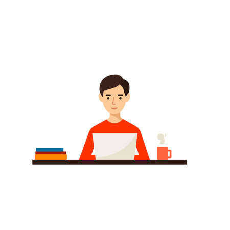 Freelance job vector illustration. man working on internet using laptop and drinking coffee. Work at home. Travel and work. Social network concept. Flat cartoon style vector illustration.のイラスト素材