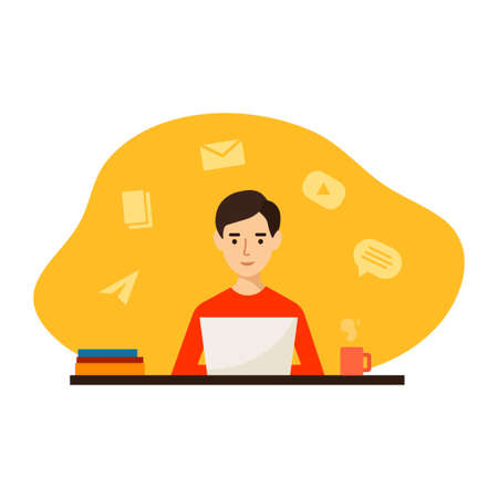 Freelance job vector illustration. man working on internet using laptop and drinking coffee. Work at home. Travel and work. Social network concept. Flat cartoon style vector illustration.のイラスト素材