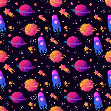 Vector Colorful Seamless Pattern with Cartoon Rockets, Planets, Stars, Spaceship, Comets and UFOs. Vector fantastic space texture. Perfect for kids design, fabric, wrapping, wallpaper, textile, apparel.のイラスト素材