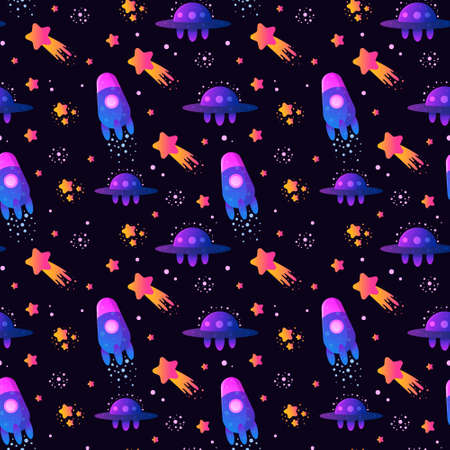 Vector Colorful Seamless Pattern with Cartoon Rockets, Planets, Stars, Spaceship, Comets and UFOs. Vector fantastic space texture. Perfect for kids design, fabric, wrapping, wallpaper, textile, apparel.のイラスト素材