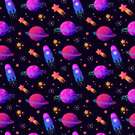 Vector Colorful Seamless Pattern with Cartoon Rockets, Planets, Stars, Spaceship, Comets and UFOs. Vector fantastic space texture. Perfect for kids design, fabric, wrapping, wallpaper, textile, apparel.のイラスト素材