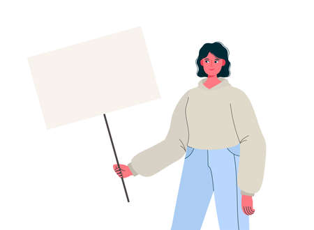 Woman holding blank banner or placard in an act of protest. Female protester or activist. Illustration of placard protester, political revolution, demonstrate. Flat cartoon vector illustrationのイラスト素材