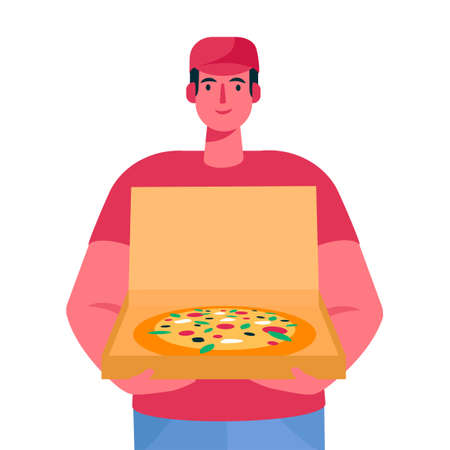 Delivery boy holding pizza cardboard box. Delivery order. Fast courier. Restaurant food service. Vector illustration in cartoon flat styleのイラスト素材