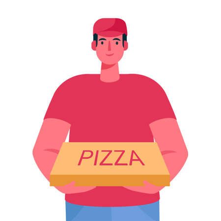 Delivery boy holding pizza cardboard box. Delivery order. Fast courier. Restaurant food service. Vector illustration in cartoon flat styleのイラスト素材