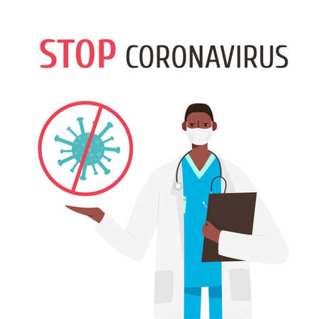 Novel coronavirus 2019-nCoV. African doctor wearing a medical mask. Coronavirus quarantine. Concept - Let's stop coronavirus. Illustration in flat style.のイラスト素材