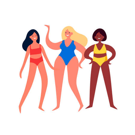 Love your body - body positive. Happy Women of different figure type and multiracial in lingerie. Beauty diversity of different women in the flat style illustrationのイラスト素材