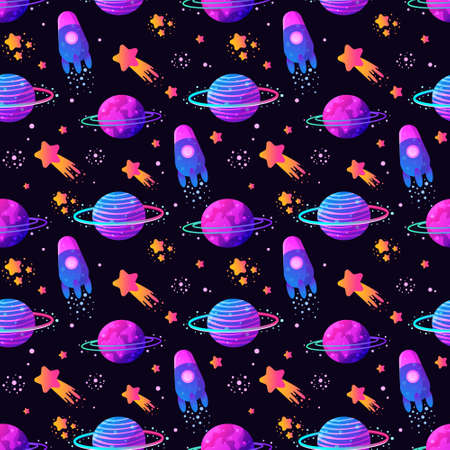 Vector Colorful Seamless Pattern with Cartoon Rockets, Planets, Stars, Spaceship, Comets and UFOs. Vector fantastic space texture. Perfect for kids design, fabric, wrapping, wallpaper, textile, apparel.のイラスト素材