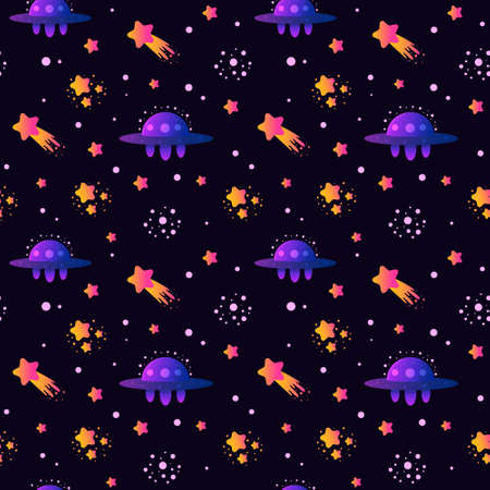 Vector Colorful Seamless Pattern with Cartoon Rockets, Planets, Stars, Spaceship, Comets and UFOs. Perfect for kids design, fabric, wrapping, wallpaper, textile, apparel.のイラスト素材