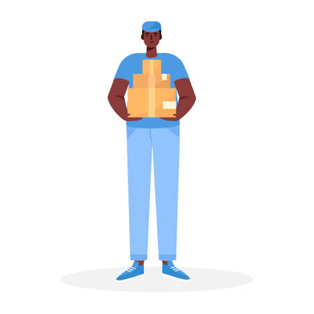 Courier with the parcel. A delivery man in uniform holds a cardboard box in his hands. Fast courier. Restaurant food service, mail delivery service. Vector illustration in cartoon flat styleのイラスト素材