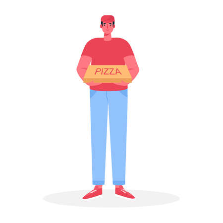 Delivery boy holding pizza cardboard box. Delivery order. Fast courier. Restaurant food service. Vector illustration in cartoon flat styleのイラスト素材