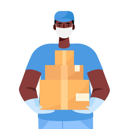 A delivery man in protective medical face mask and gloves holds a cardboard boxes in his hands. Delivery during the prevention of coronovirus concept. Vector illustration in cartoon flat styleのイラスト素材