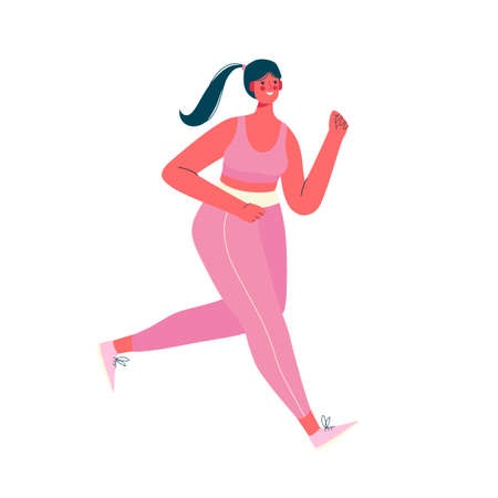 Running woman dressed in sportswear isolated on a white background.Morning jogging. Active and healthy lifestyle. Sports competition, outdoor workout or exercise, athletics. Flat vector illustration.のイラスト素材