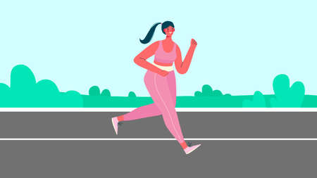 Woman dressed in sportswear running through park. Morning jogging. Active and healthy lifestyle. Sports competition, outdoor workout or exercise, athletics. Flat cartoon colorful vector illustration.のイラスト素材